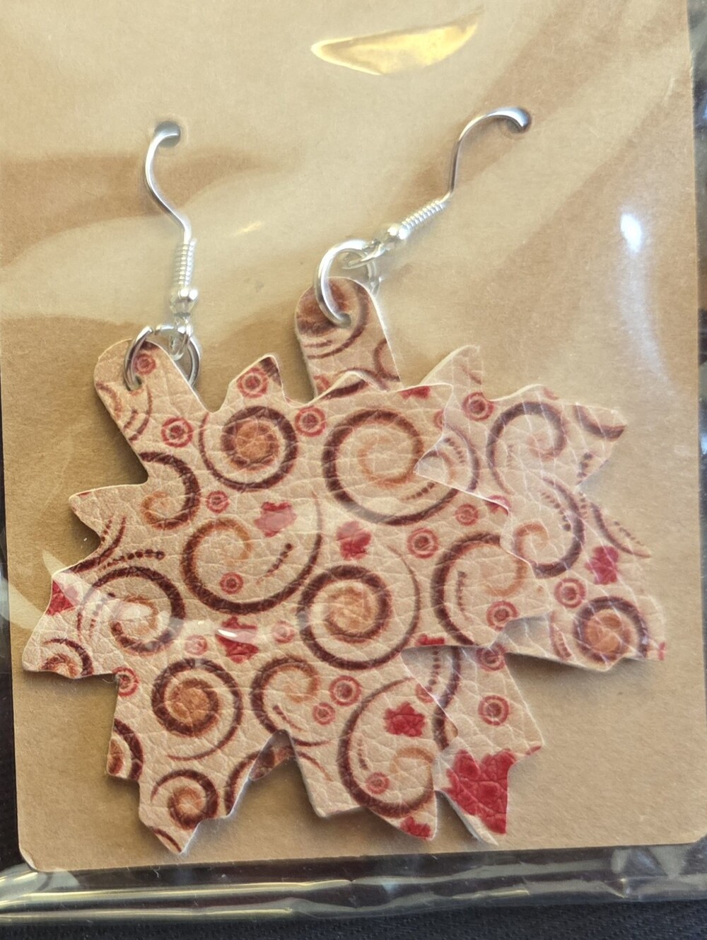 Swirl Pattern Beige & Red Leaf Drop Earrings